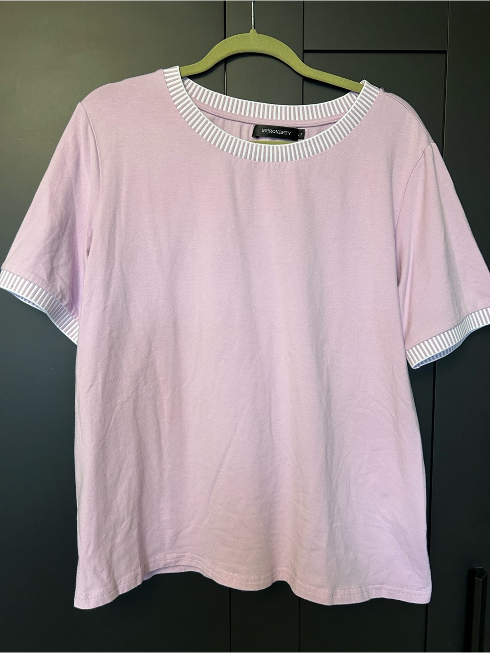 Merokeety Lavender Short Sleeve Crewneck Tee with Striped Trim
